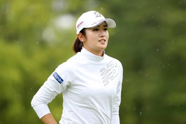 Mone Inami of Japan reacts after holing out on the 9th green during the first round of the JLPGA Championship Konica Minolta Cup at Shizu Hills...