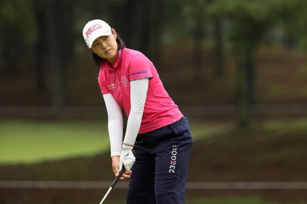 Rie Tsuji of Japan is seen before her third shot on the 6th hole during the first round of the JLPGA Championship Konica Minolta Cup at Shizu Hills...