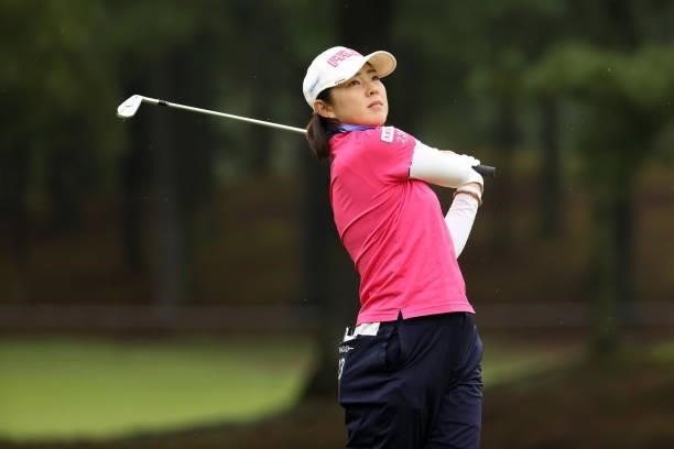 Rie Tsuji of Japan hits her third shot on the 6th hole during the first round of the JLPGA Championship Konica Minolta Cup at Shizu Hills Country...
