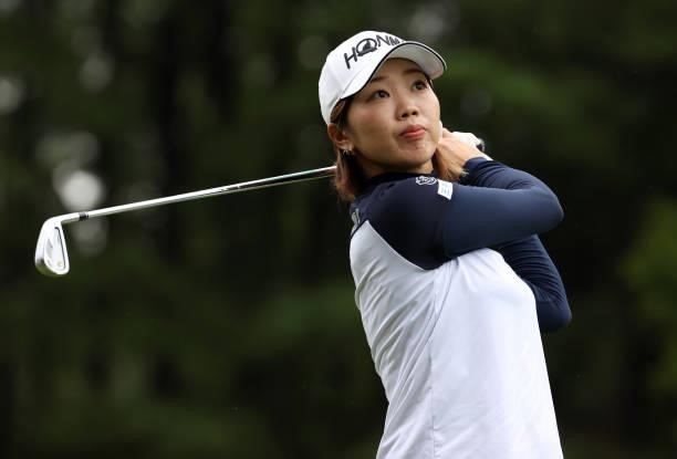 Rumi Yoshiba of Japan hits her second shot on the 6th hole during the first round of the JLPGA Championship Konica Minolta Cup at Shizu Hills Country...
