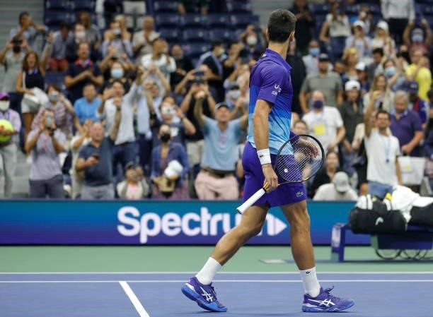 Novak Djokovic of Serbia celebrates defeating Matteo Berrettini of Italy during their Men's Singles quarterfinal match on Day Ten of the 2021 US Open...