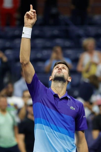 Novak Djokovic of Serbia celebrates defeating Matteo Berrettini of Italy during their Men's Singles quarterfinal match on Day Ten of the 2021 US Open...