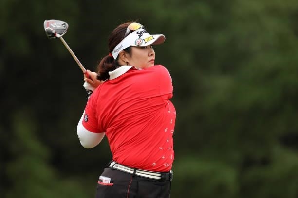 Miki Sakai of Japan hits her tee shot on the 6th hole during the first round of the JLPGA Championship Konica Minolta Cup at Shizu Hills Country Club...