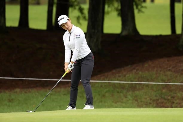 Sakura Koiwai of Japan is seen before her second shot on the 6th hole during the first round of the JLPGA Championship Konica Minolta Cup at Shizu...