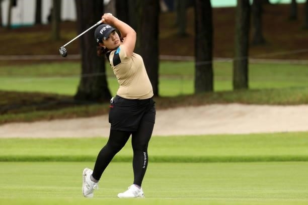 Ai Suzuki of Japan hits her second shot on the 6th hole during the first round of the JLPGA Championship Konica Minolta Cup at Shizu Hills Country...