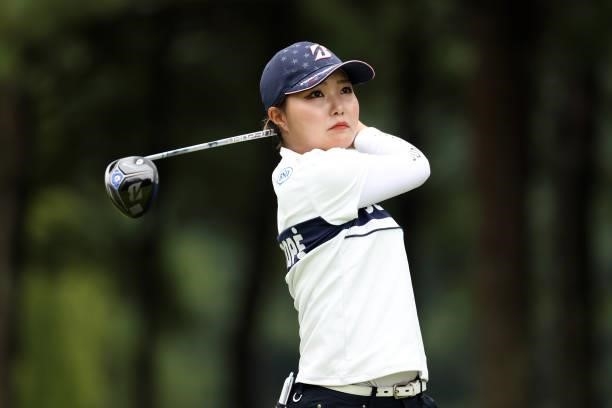 Sayaka Takahashi of Japan hits her tee shot on the 7th hole during the first round of the JLPGA Championship Konica Minolta Cup at Shizu Hills...