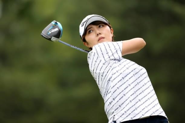 Karen Gondo of Japan hits her tee shot on the 7th hole during the first round of the JLPGA Championship Konica Minolta Cup at Shizu Hills Country...