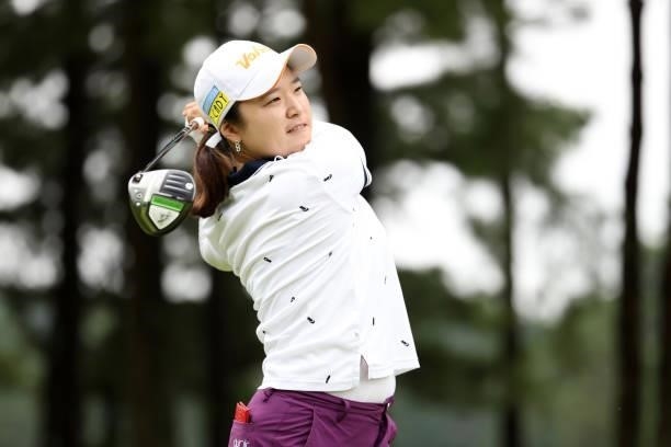 Tsugumi Miyazaki of Japan hits her tee shot on the 7th hole during the first round of the JLPGA Championship Konica Minolta Cup at Shizu Hills...