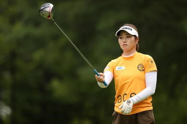 Nozomi Uetake of Japan is seen before her tee shot on the 6th hole during the first round of the JLPGA Championship Konica Minolta Cup at Shizu Hills...