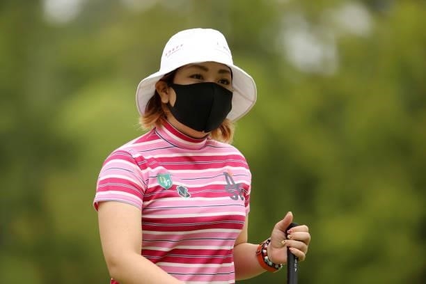 Satsuki Oshiro of Japan reacts after holing out on the 9th green during the first round of the JLPGA Championship Konica Minolta Cup at Shizu Hills...