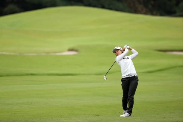 Yoko Maeda of Japan hits her second shot on the 9th hole during the first round of the JLPGA Championship Konica Minolta Cup at Shizu Hills Country...
