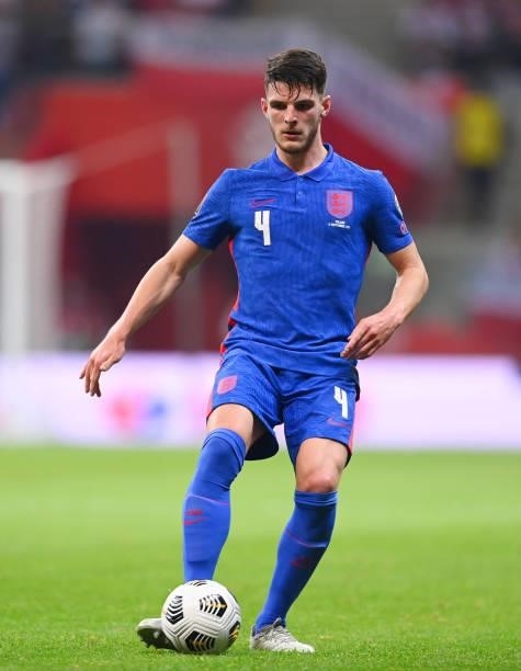 Declan Rice of England in action during the 2022 FIFA World Cup Qualifier between Poland and England at Stadion Narodowy on September 08, 2021 in...