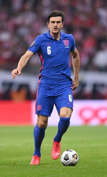 Harry Maguire of England in action during the 2022 FIFA World Cup Qualifier between Poland and England at Stadion Narodowy on September 08, 2021 in...