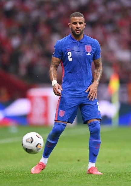 Kyle Walker of England in action during the 2022 FIFA World Cup Qualifier between Poland and England at Stadion Narodowy on September 08, 2021 in...