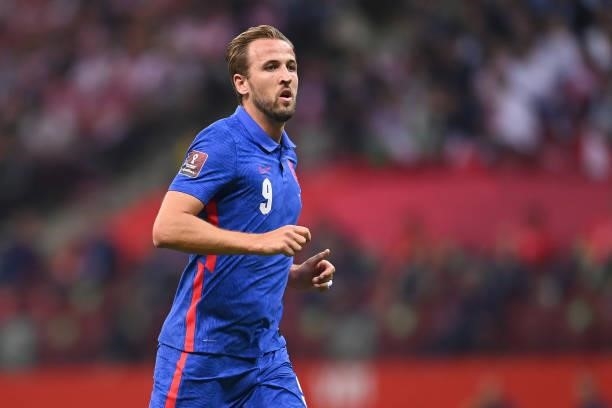 Harry Kane of England in action during the 2022 FIFA World Cup Qualifier between Poland and England at Stadion Narodowy on September 08, 2021 in...