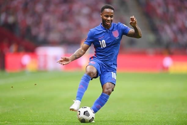 Raheem Sterling of England in action during the 2022 FIFA World Cup Qualifier between Poland and England at Stadion Narodowy on September 08, 2021 in...