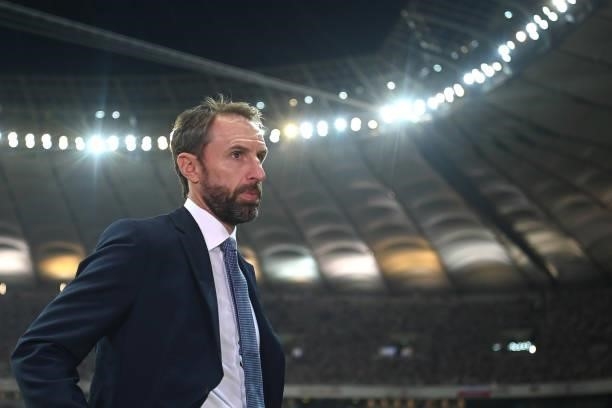 England manager Gareth Southgate looks on during the 2022 FIFA World Cup Qualifier between Poland and England at Stadion Narodowy on September 08,...