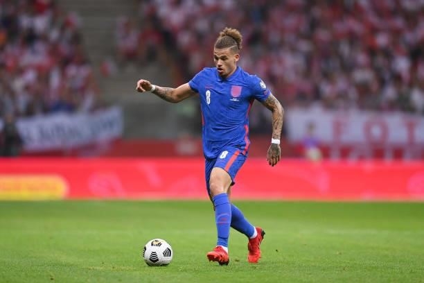 Kalvin Phillips of England in action during the 2022 FIFA World Cup Qualifier between Poland and England at Stadion Narodowy on September 08, 2021 in...