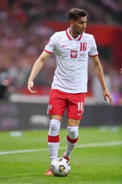Jakub Moder of Poland in action during the 2022 FIFA World Cup Qualifier between Poland and England at Stadion Narodowy on September 08, 2021 in...