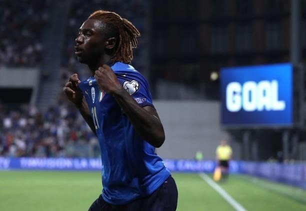 Moise Kean of Italy celebrates his goal during the 2022 FIFA World Cup Qualifier match between Italy and Lithuania at Mapei Stadium - Citta' del...