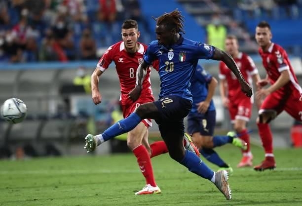 Moise Kean of Italy scores his goal during the 2022 FIFA World Cup Qualifier match between Italy and Lithuania at Mapei Stadium - Citta' del...
