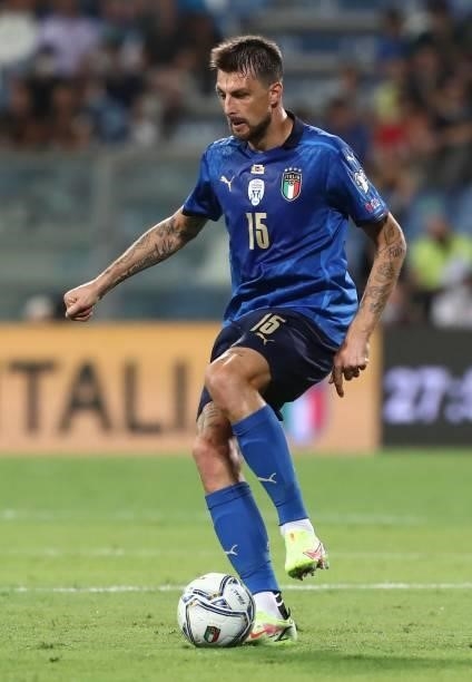 Francesco Acerbi of Italy controls the ball during the 2022 FIFA World Cup Qualifier match between Italy and Lithuania at Mapei Stadium - Citta' del...