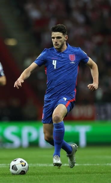 Declan Rice of England in action against Poland at Stadion Narodowy on September 08, 2021 in Warsaw, Poland.