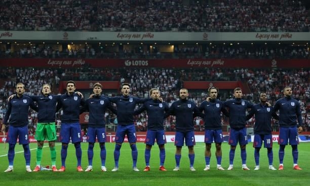 The England team line up before the game against Poland at Stadion Narodowy on September 08, 2021 in Warsaw, Poland.