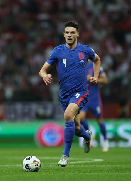 Declan Rice of England in action against Poland at Stadion Narodowy on September 08, 2021 in Warsaw, Poland.