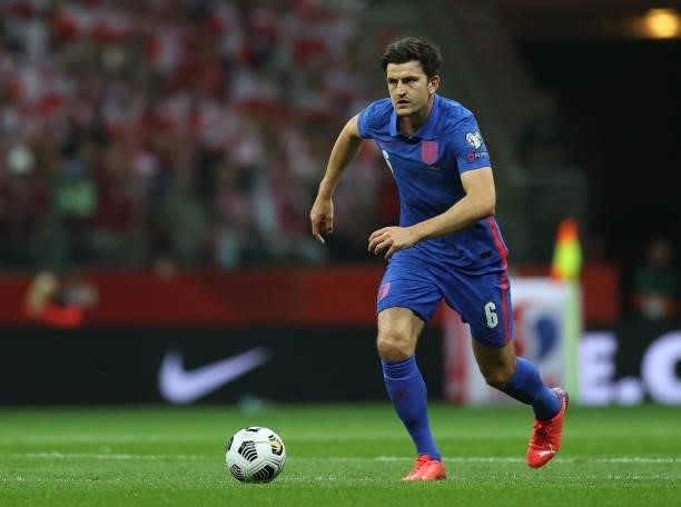 Harry Maguire of England in action against Poland at Stadion Narodowy on September 08, 2021 in Warsaw, Poland.