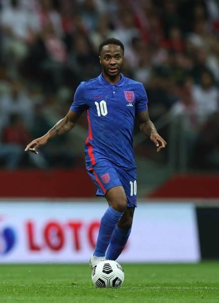 Raheem Sterling of England in action against Poland at Stadion Narodowy on September 08, 2021 in Warsaw, Poland.