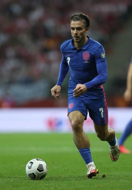 Jack Grealish of England in action against Poland at Stadion Narodowy on September 08, 2021 in Warsaw, Poland.