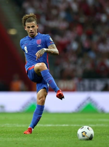Kalvin Phillips of England in action against Poland at Stadion Narodowy on September 08, 2021 in Warsaw, Poland.
