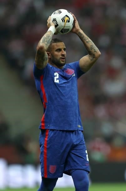 Kyle Walker of England in action against Poland at Stadion Narodowy on September 08, 2021 in Warsaw, Poland.