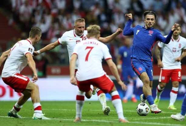 Jack Grealish of England in action against Poland at Stadion Narodowy on September 08, 2021 in Warsaw, Poland.