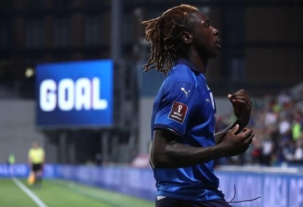 Moise Kean of Italy celebrates his goal during the 2022 FIFA World Cup Qualifier match between Italy and Lithuania at Mapei Stadium - Citta' del...