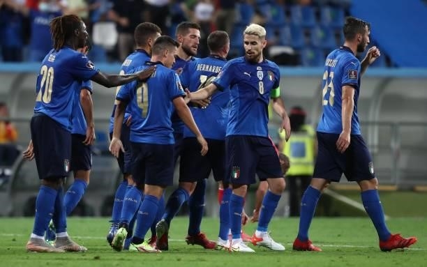 Giacomo Raspadori of Italy celebrates his goal with his team-mates during the 2022 FIFA World Cup Qualifier match between Italy and Lithuania at...