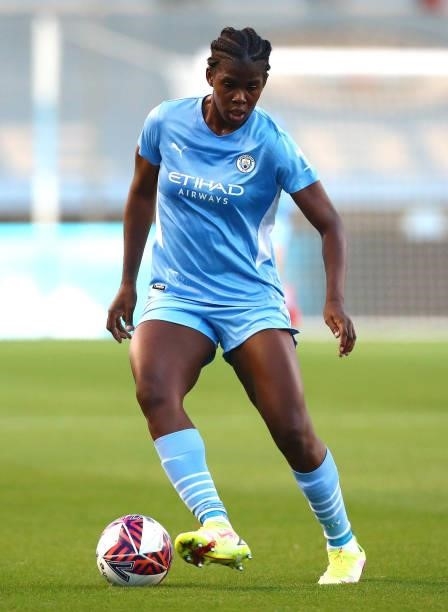 Khadija Shaw of Manchester City controls the ball during the UEFA Women's Champions League match between Manchester City v Real Madrid at The Academy...