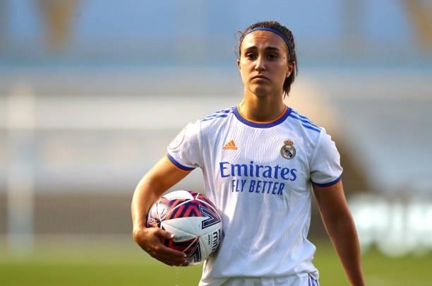 Nahikari Garcia of Real Madrid holds the ball during the UEFA Women's Champions League match between Manchester City v Real Madrid at The Academy...