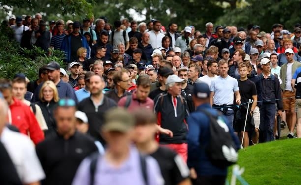 Golf fans watching the action on the 17th hole during the first round of The BMW PGA Championship at Wentworth Golf Club on September 09, 2021 in...