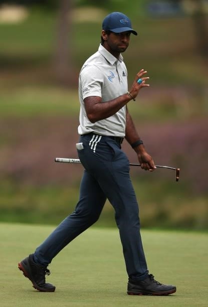 Aaron Rai of England reacts to a putt on the 11th green during Day One of The BMW PGA Championship at Wentworth Golf Club on September 09, 2021 in...