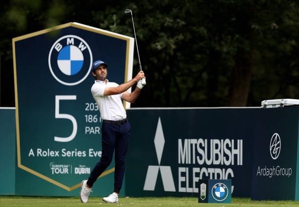 Joel Stalter of France tees off on the 5th hole during Day One of The BMW PGA Championship at Wentworth Golf Club on September 09, 2021 in Virginia...