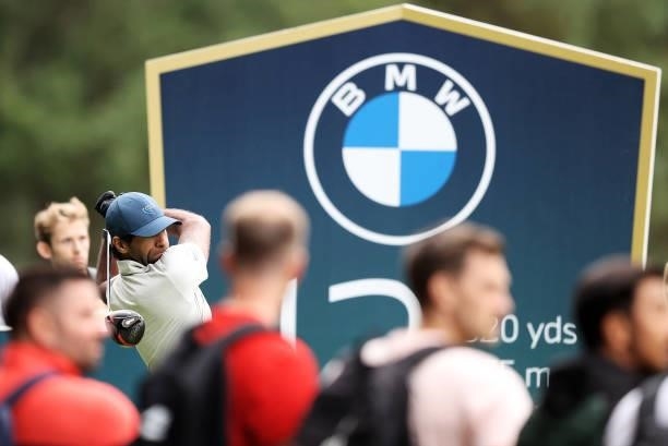 Aaron Rai of England tees off on the 12th hole during Day One of The BMW PGA Championship at Wentworth Golf Club on September 09, 2021 in Virginia...