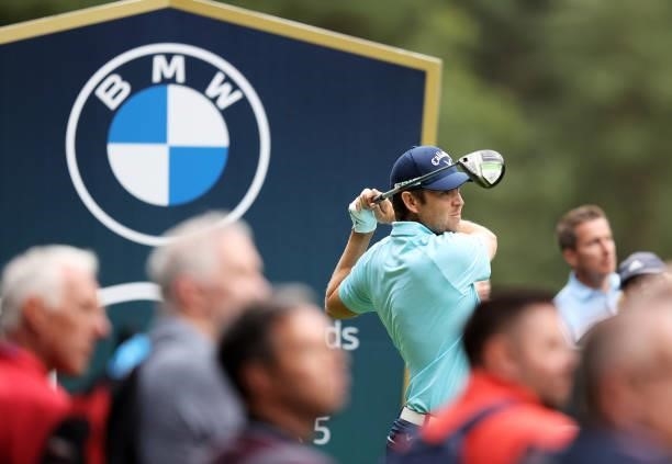 Steven Brown of England tees off on the 12th hole during Day One of The BMW PGA Championship at Wentworth Golf Club on September 09, 2021 in Virginia...