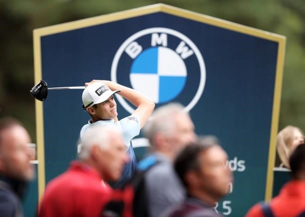 Wilco Nienaber of South Africa tees off on the 12th hole during Day One of The BMW PGA Championship at Wentworth Golf Club on September 09, 2021 in...