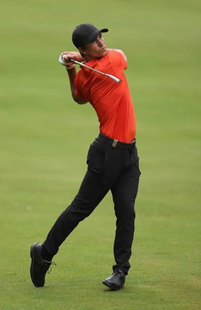 Thorbjorn Olesen of Denmark plays his second shot on the 12th hole during Day One of The BMW PGA Championship at Wentworth Golf Club on September 09,...