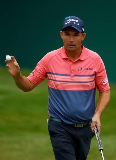Padraig Harrington of Ireland on the 18th green during the first round of The BMW PGA Championship at Wentworth Golf Club on September 09, 2021 in...