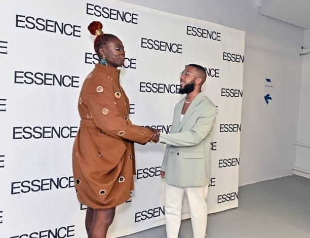 Arc of Andre designer Andre Moses and Caroline Wanga, CEO of ESSENCE greet each other during the ESSENCE Fashion House - Red Carpet on September 09,...