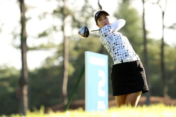 Nozomi Uetake of Japan hits her tee shot on the 2nd hole during the second round of the JLPGA Championship Konica Minolta Cup at Shizu Hills Country...