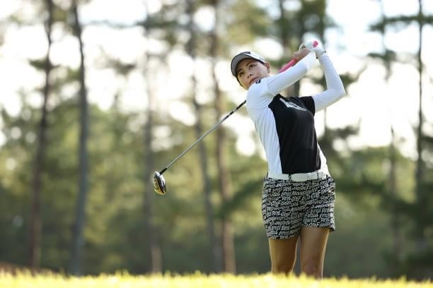 Hina Arakaki of Japan hits her tee shot on the 2nd hole during the second round of the JLPGA Championship Konica Minolta Cup at Shizu Hills Country...